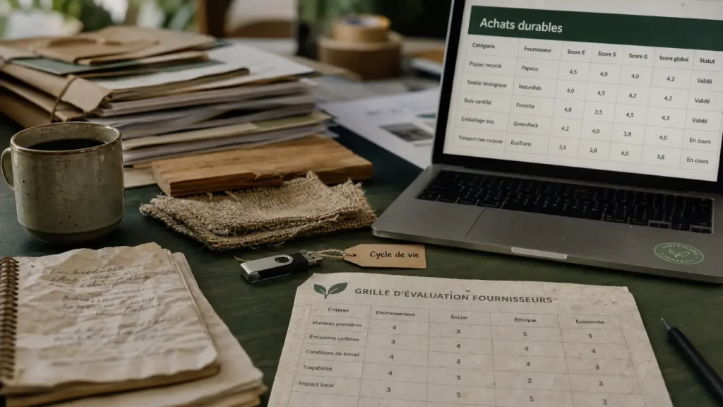 Achat durable : cahier et grille ESG sur bureau