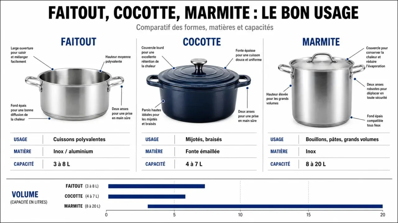 Comparatif faitout cuisine entre faitout, cocotte et marmite avec capacités et usages