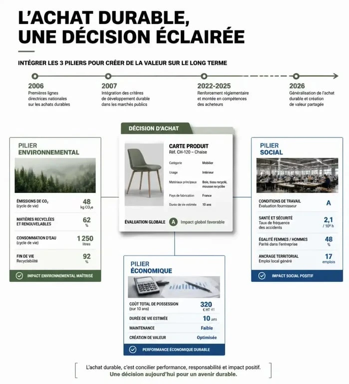 Achat durable : synthèse visuelle des critères environnementaux, sociaux et économiques