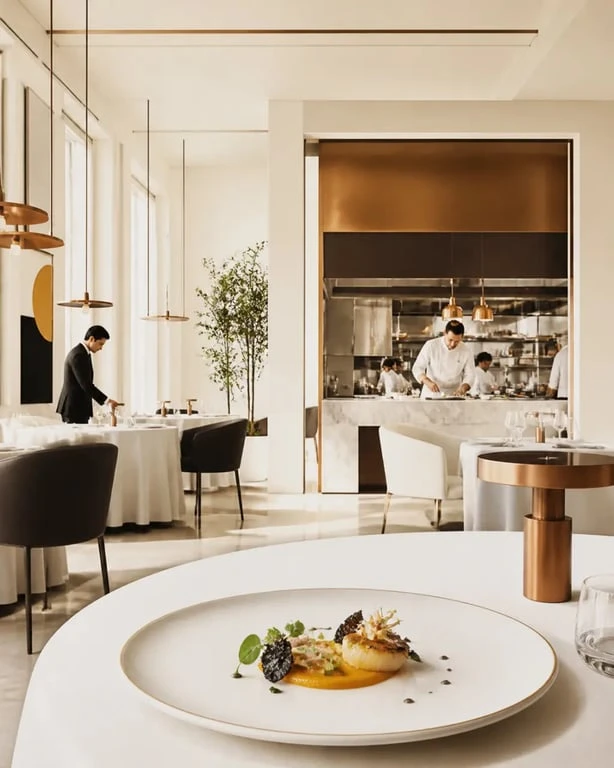 Restaurant gastronomique définition illustrant une salle élégante, un chef et un service attentif