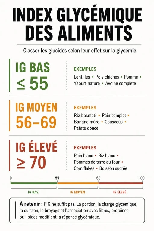 Tableau index glycémique des aliments pdf avec repères IG bas, moyen et élevé