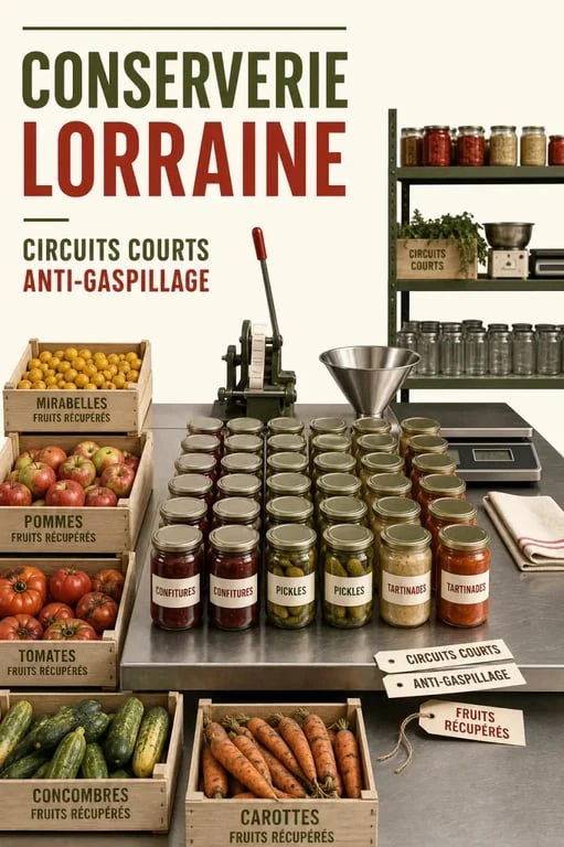 La conserverie locale : bocaux artisanaux et légumes récupérés dans un atelier lorrain