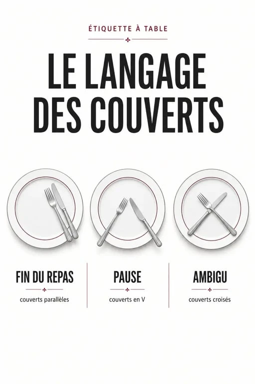 Signification des couverts a la fin du repas : positions des couverts dans l’assiette et message associé