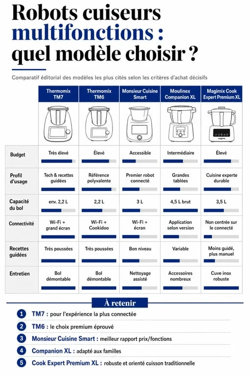 Robot cuisine le meilleur : comparatif visuel des modèles Thermomix TM7, Thermomix TM6, Monsieur Cuisine Smart, Moulinex Companion XL et Magimix Cook Expert Premium XL