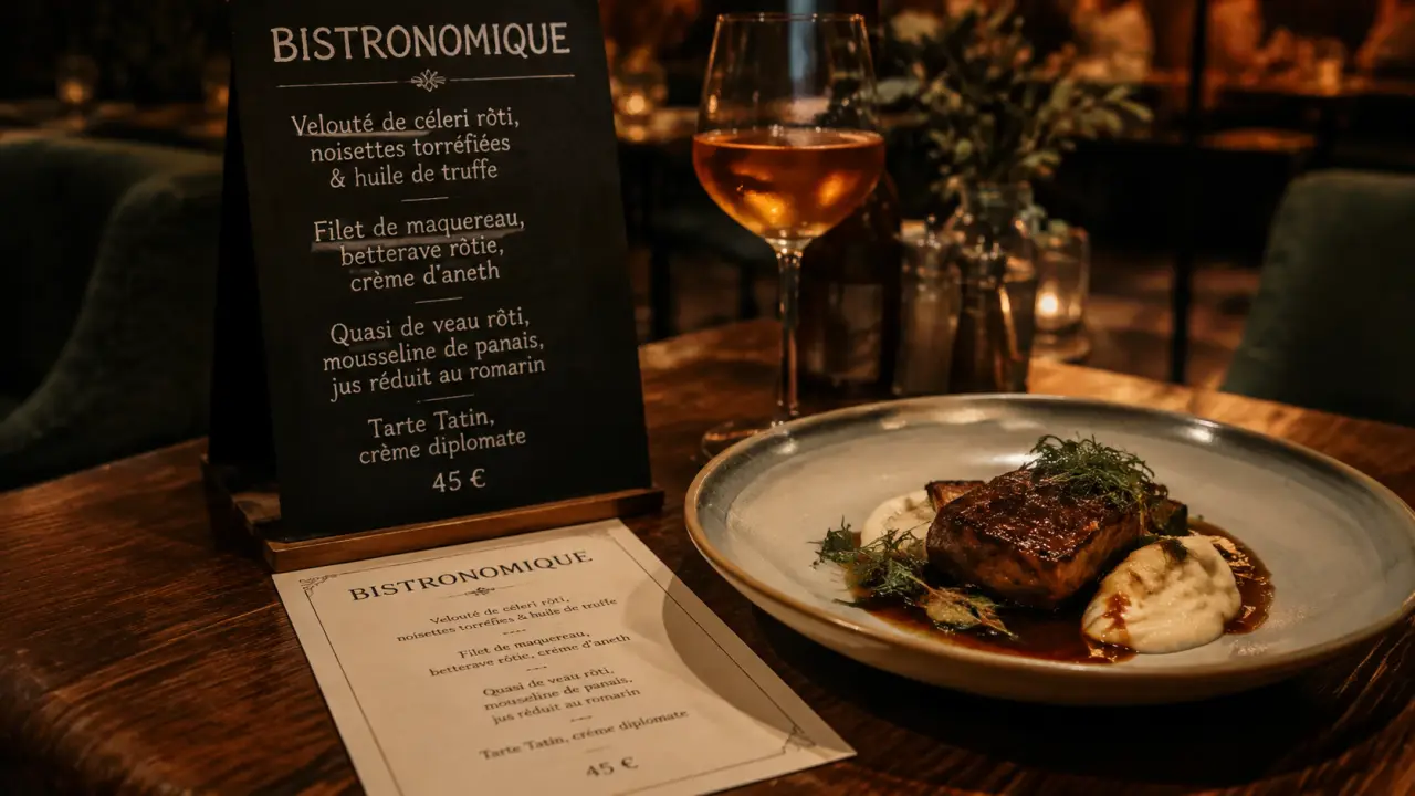 Table bistronomique conviviale, salle cosy et plat gastronomique