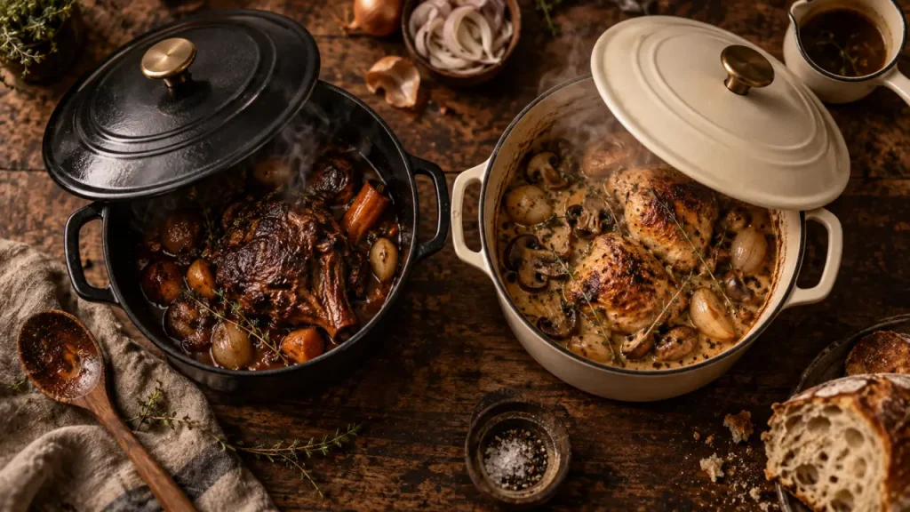 Cocottes Staub ou Le Creuset, intérieurs émaillés et vapeur des couvercles