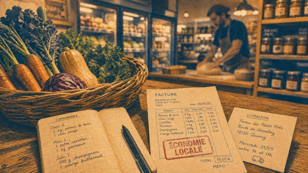 Économie locale : panier de légumes et carnet de commandes sur table