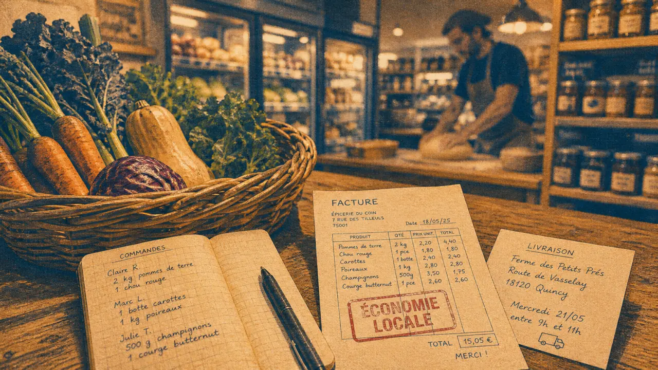 Économie locale : panier de légumes et carnet de commandes sur table
