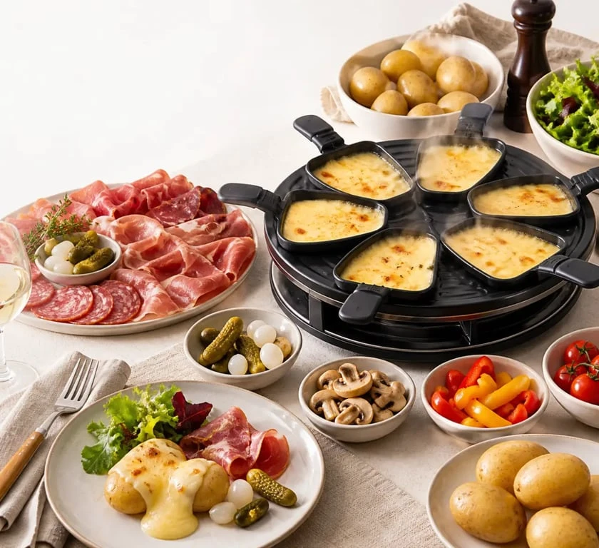 Recette raclette accompagnement avec pommes de terre, charcuterie, pickles et légumes