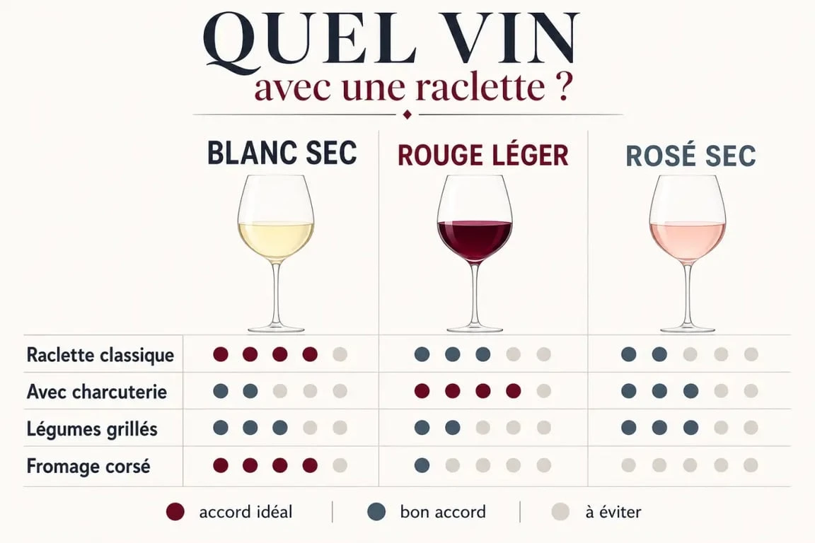 Vin avec raclette : comparaison visuelle des accords blanc sec, rouge léger et rosé selon le type de raclette