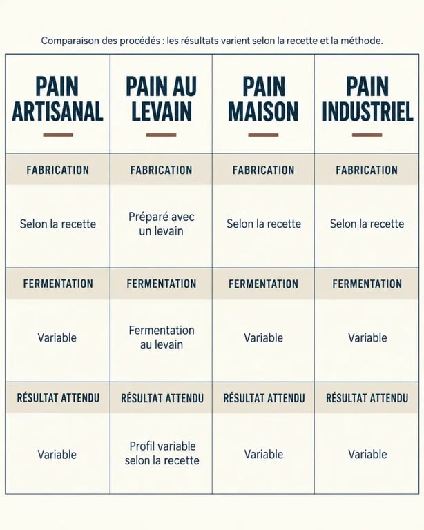 Infographie comparative sur les caractéristiques du pain artisanal et des autres types de pain