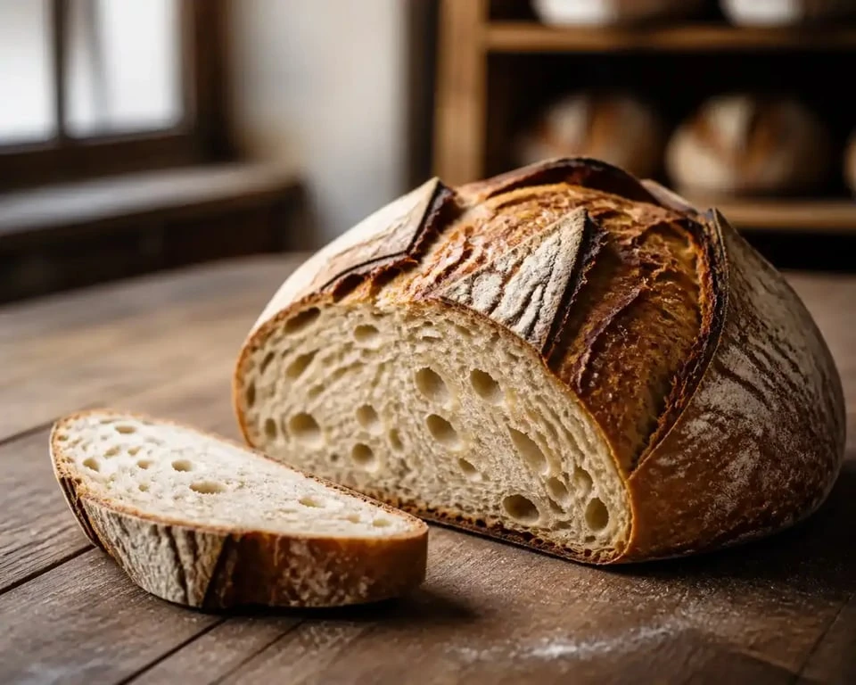 Pain artisanal fraîchement cuit à la croûte dorée et à la mie alvéolée
