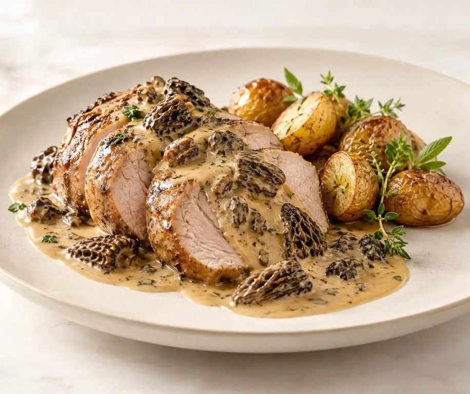 Recette veau raffinée : rôti de veau aux morilles et pommes grenailles