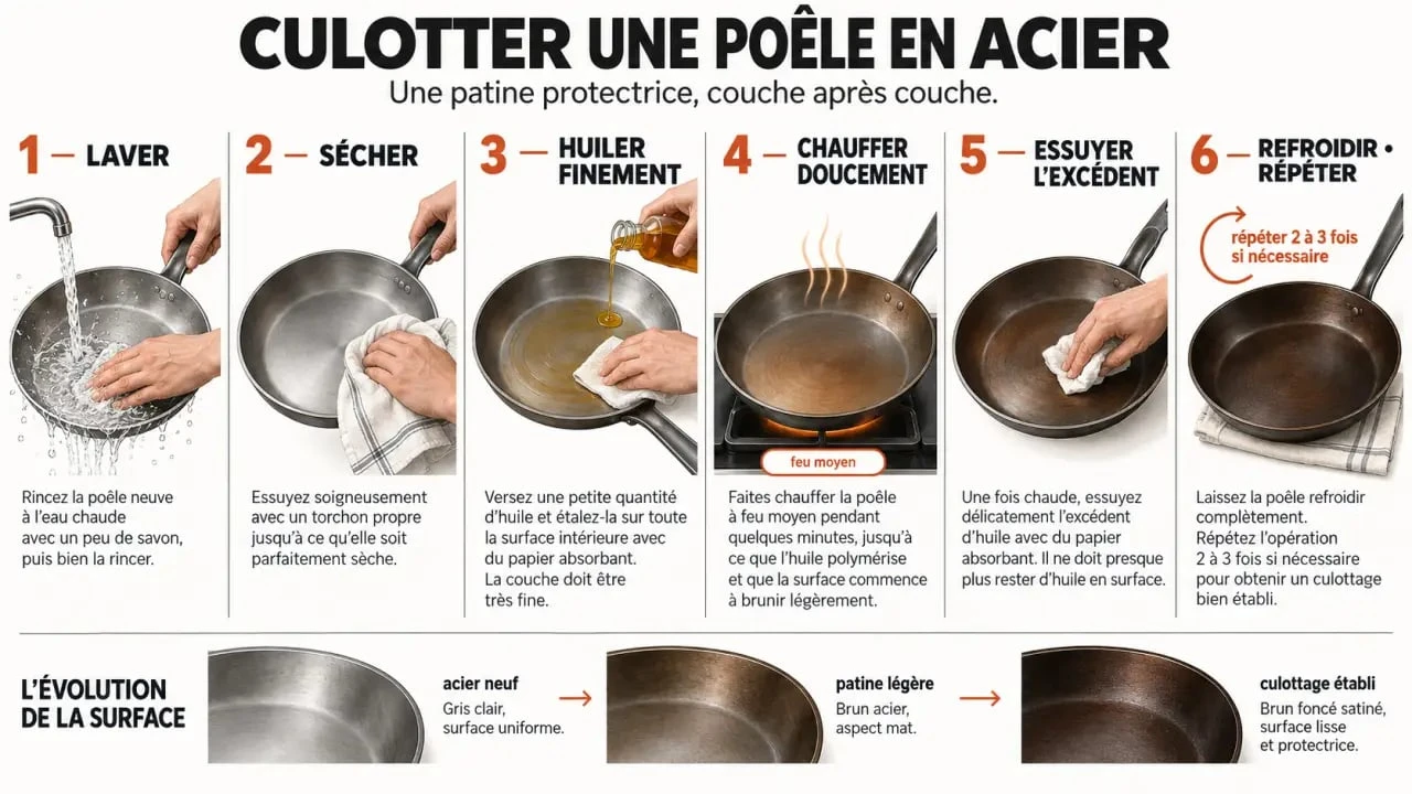 Meilleur poeles : étapes illustrées du culottage d'une poêle en acier