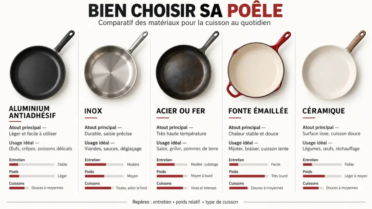 Meilleur poeles : comparaison visuelle des matériaux de poêles de cuisine