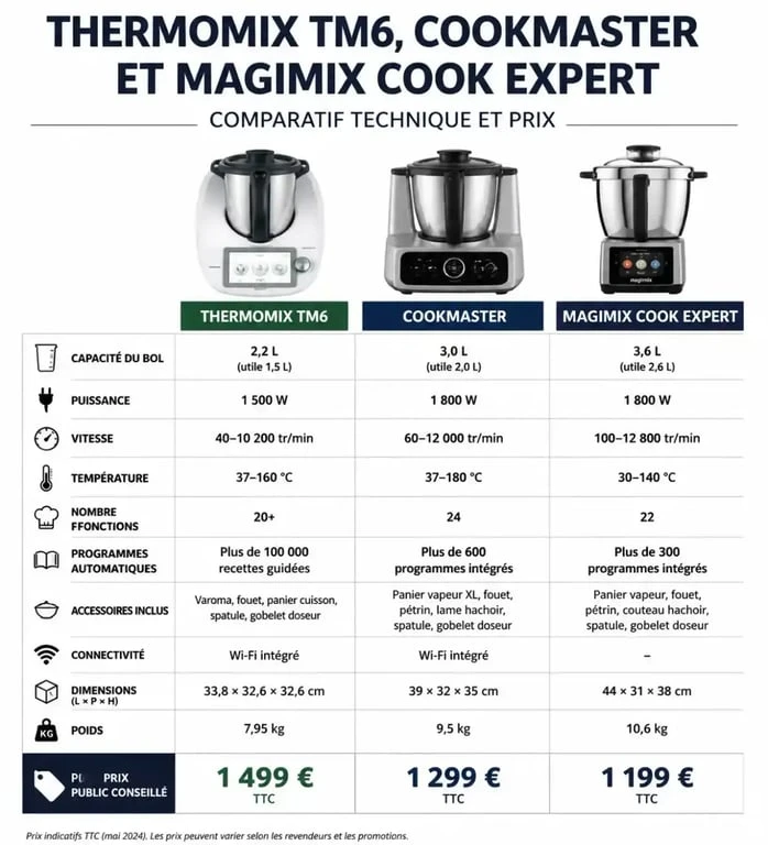 Comparatif technique des robots cuiseurs Thermomix, Cookmaster et Magimix