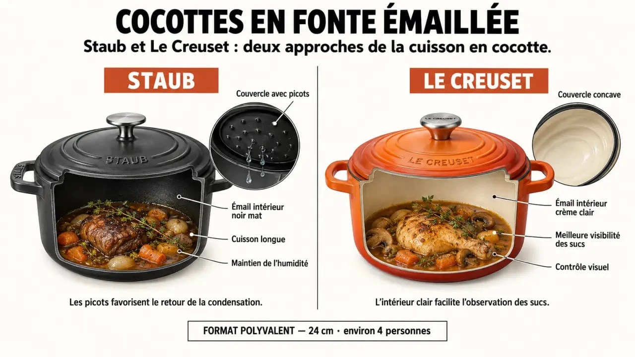 Infographie comparative cocottes Staub ou Le Creuset : couvercle, émail intérieur et usages
