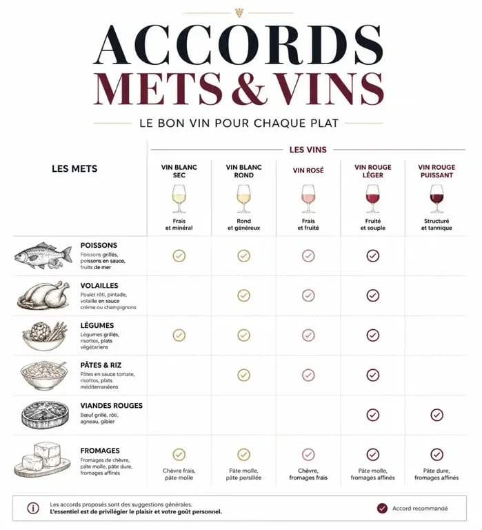 Tableau des accords mets et vins illustrant les mariages entre plats et vins