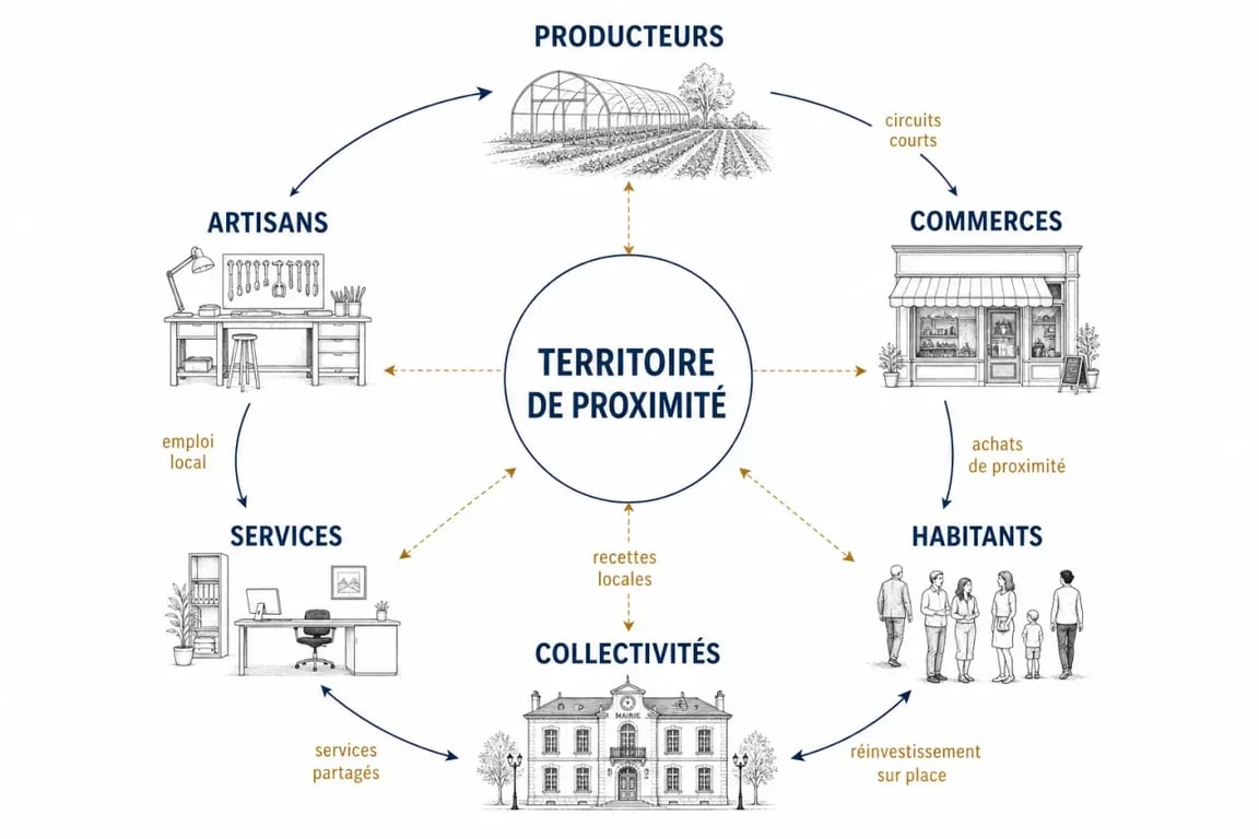 Économie locale : schéma des flux de valeur entre producteurs, commerces et habitants sur un territoire