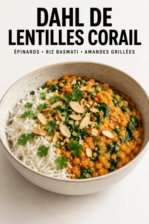 Idées repas végétarien : dahl de lentilles corail aux épinards servi avec du riz