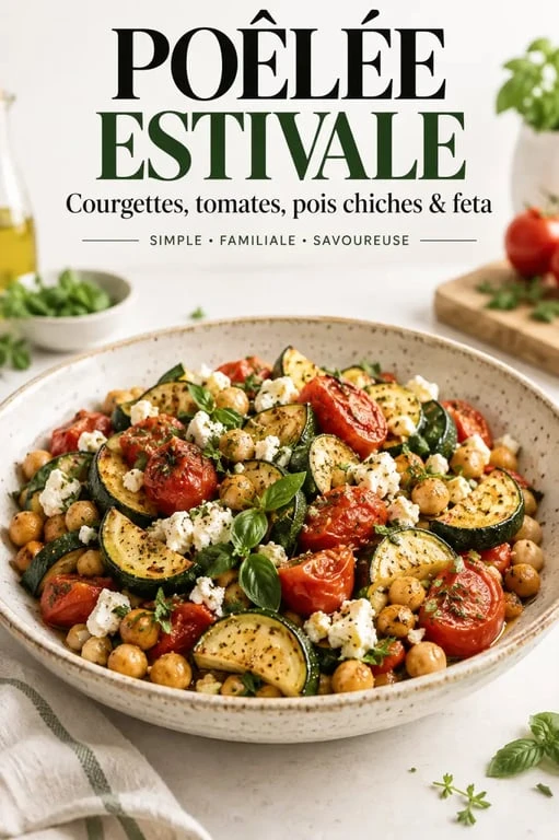Recettes légumes faciles : poêlée de courgettes, tomates, pois chiches et feta