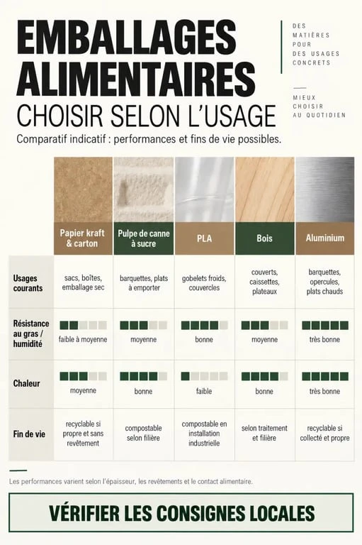 Infographie comparative sur les matières d’un emballage alimentaire écologique