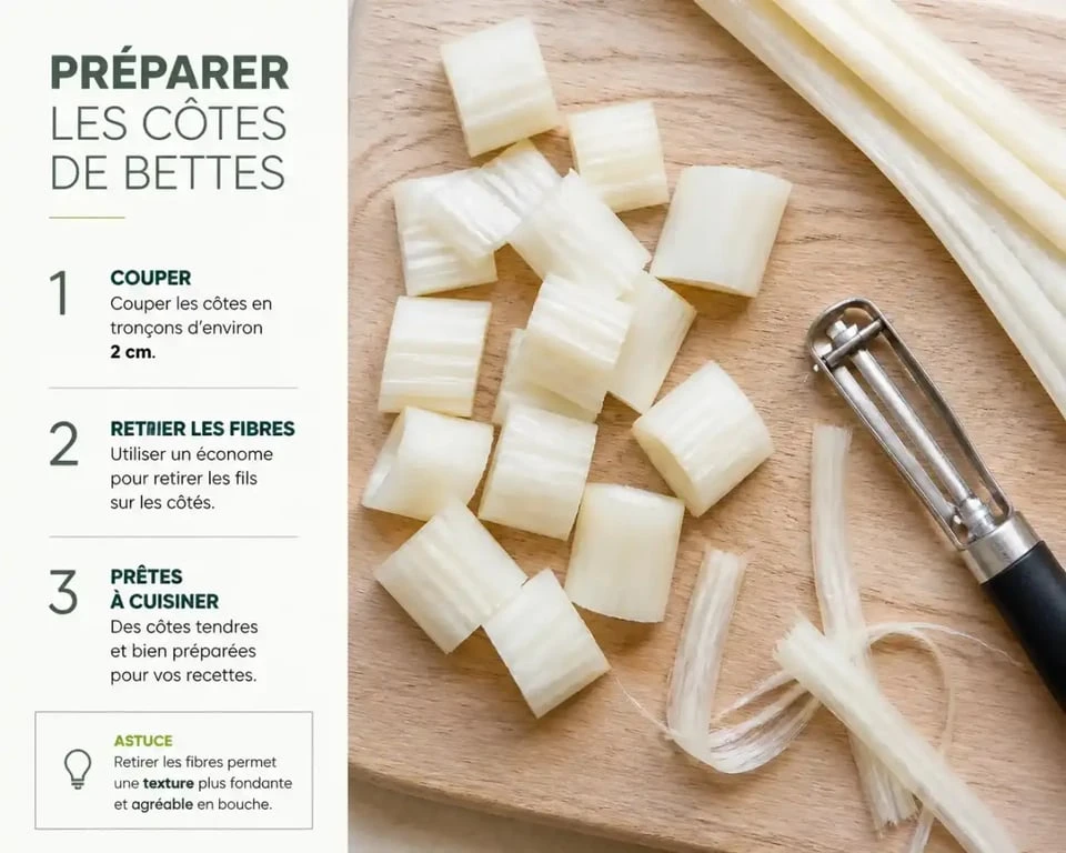 Préparation des côtes de bettes coupées en tronçons avant cuisson