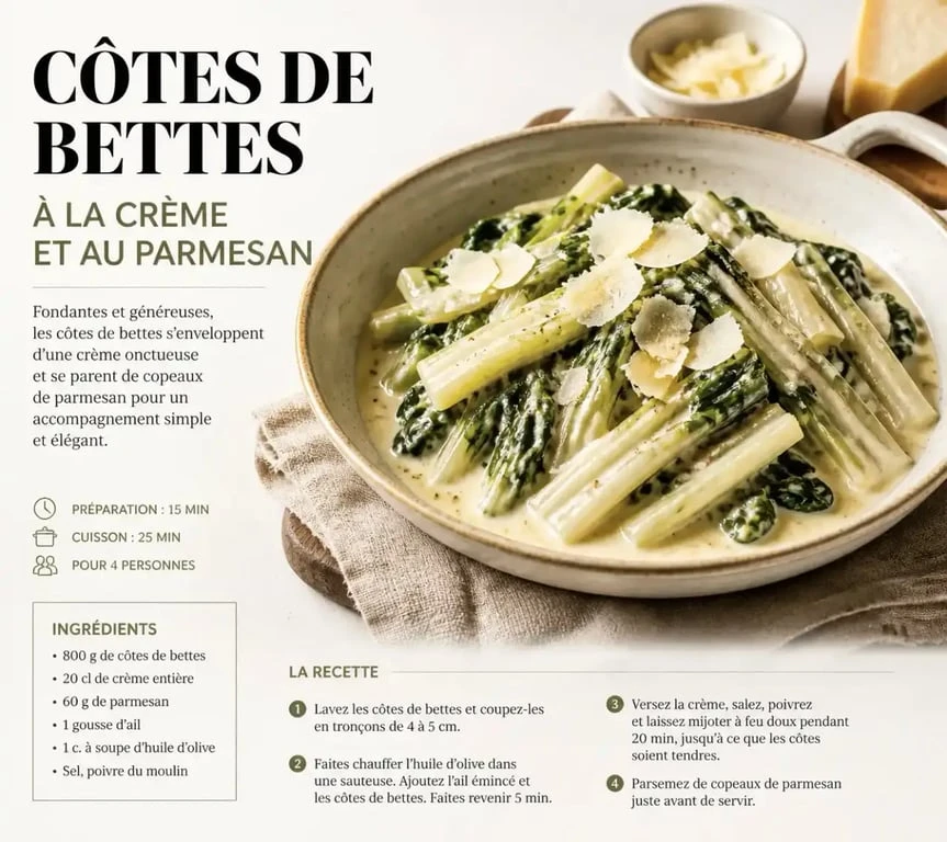 Recette côtes de bettes à la crème et au parmesan servies dans une sauteuse