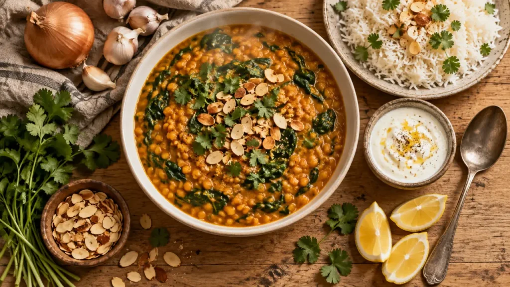 Idées repas végétarien : dahl de lentilles corail aux épinards, yaourt citronné et riz
