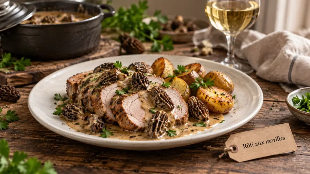 Recette veau raffinée : rôti de veau aux morilles, sauce crème brune