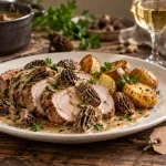 Recette veau raffinée : rôti de veau aux morilles, sauce crème brune