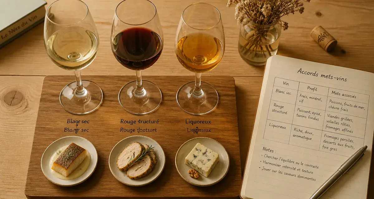 Tableau des accords mets et vins : verres et assiettes pour mariages gustatifs