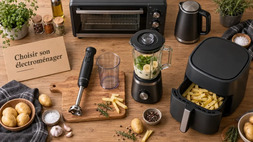 Électroménager cuisine sur plan de travail : blender, friteuse sans huile, épices