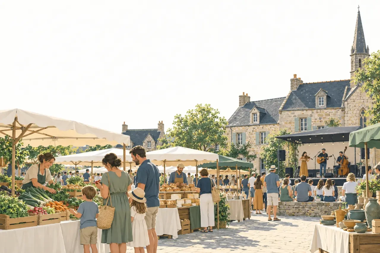 Marché bio local et musical avec producteurs, artisans et concert sur une place de village