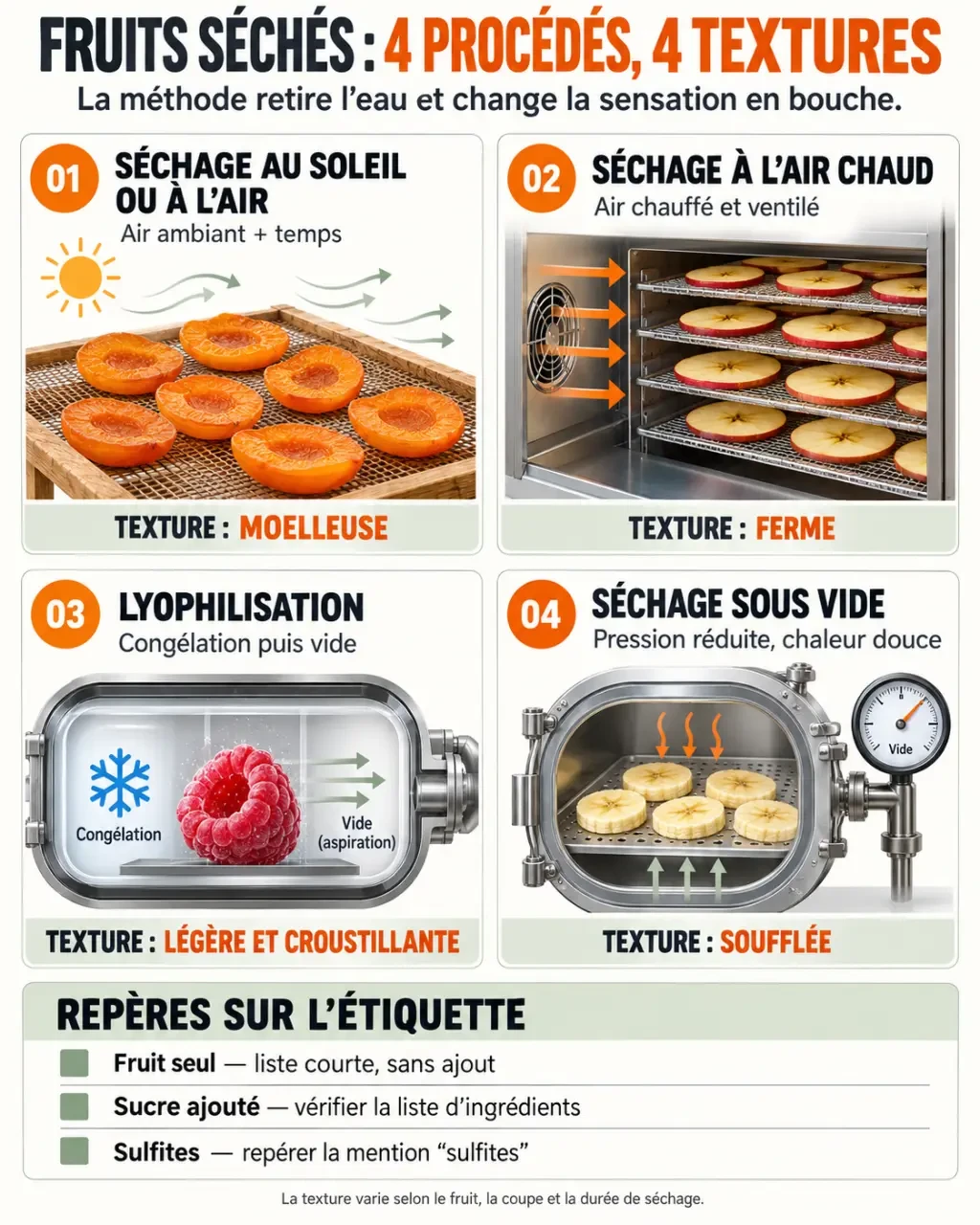 Infographie sur les fruits séchés et leurs méthodes de fabrication