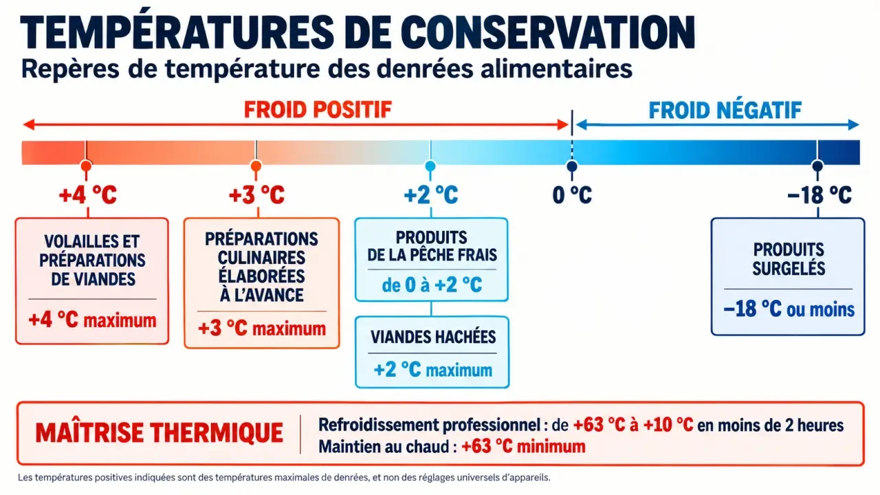 Tableau de température de conservation des aliments avec les principaux seuils de froid positif, de congélation et de maintien au chaud