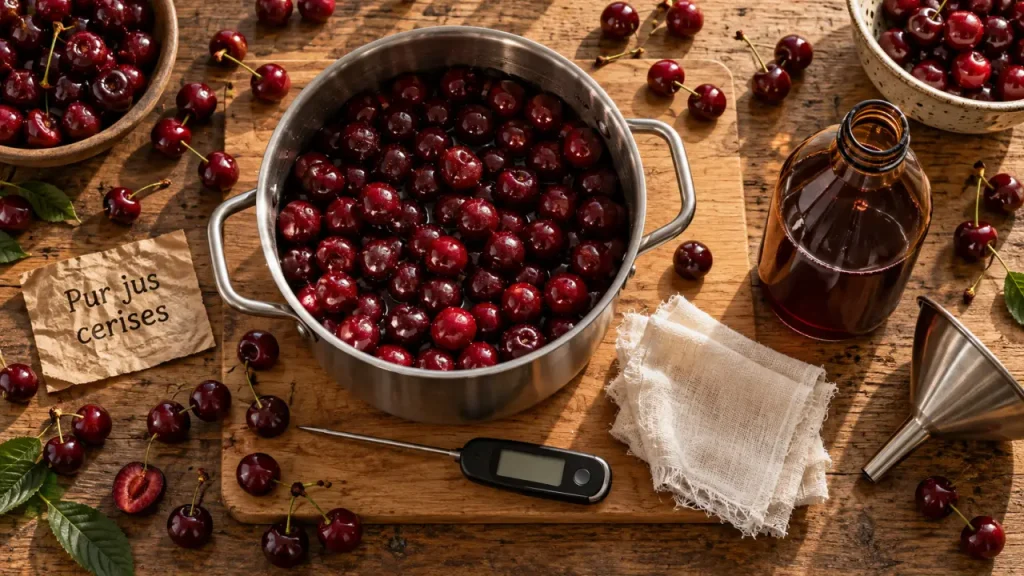Jus de cerises à 80 °C maximum, thermomètre et bouteille de pur jus