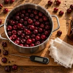 Jus de cerises à 80 °C maximum, thermomètre et bouteille de pur jus