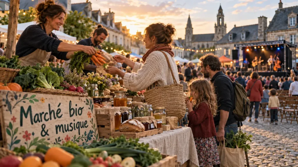 Marché bio local et musical à Pont-Croix, tables de légumes bio et scène de concert à 20h