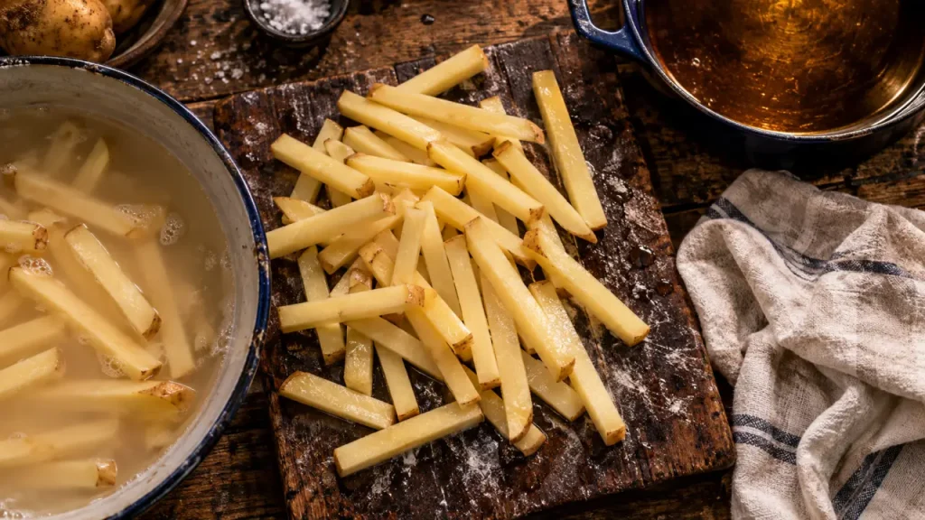 Patate pour frite : frites crues sur planche, séchage et huile