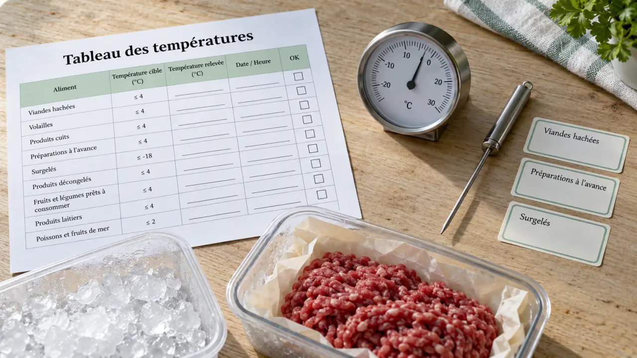 Tableau de température de conservation des aliments : seuils +2 °C à −18 °C