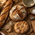 Tradition boulangère : pains artisanaux au levain, farine et levain sur table en bois