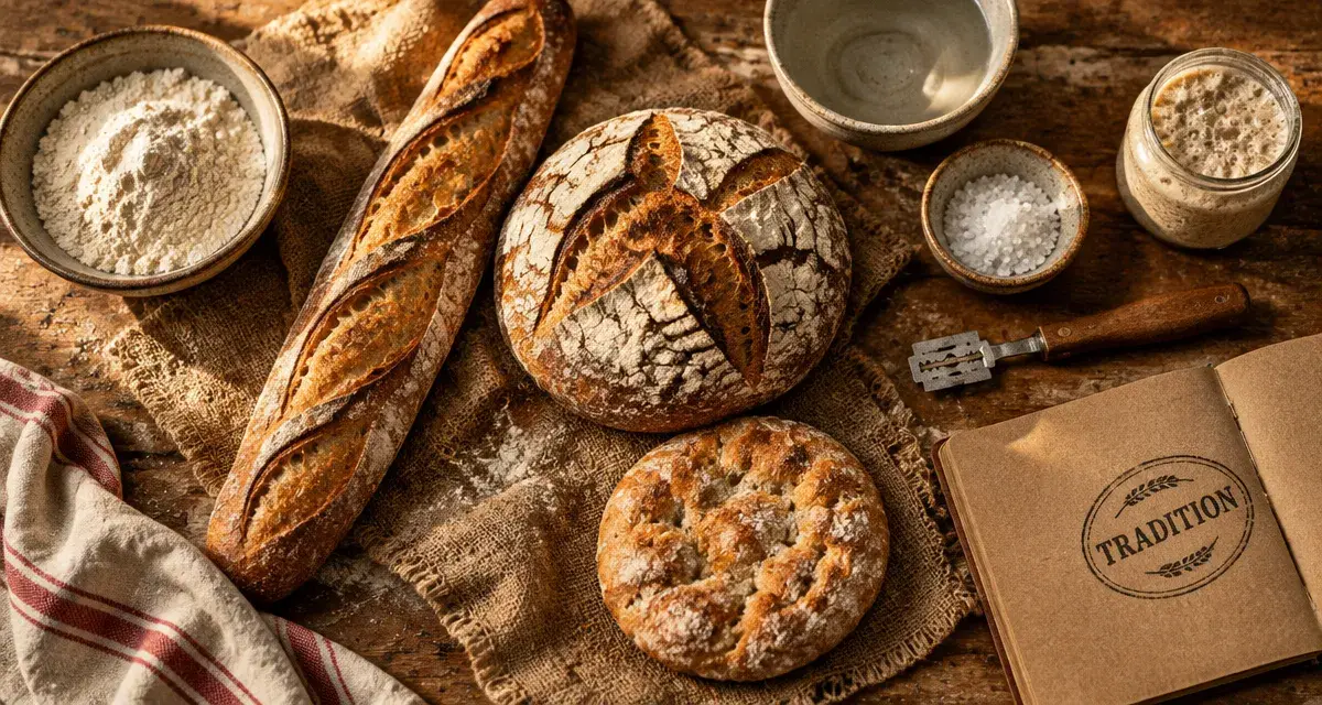 Tradition boulangère : pains artisanaux au levain, farine et levain sur table en bois